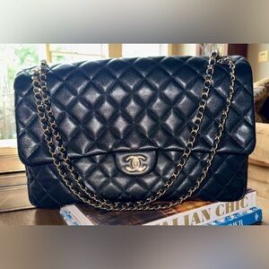 CHANEL XXL Black Caviar leather Classic Airline Travel Flap Bag Gold CC Handbag